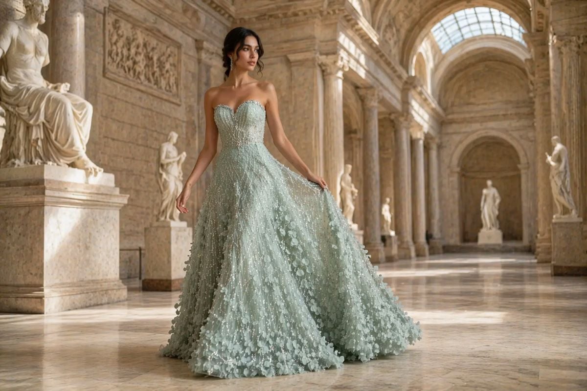 sage green strapless evening gown