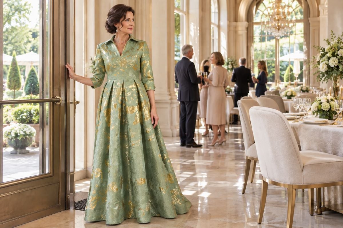 Sage green formal retirement party gown