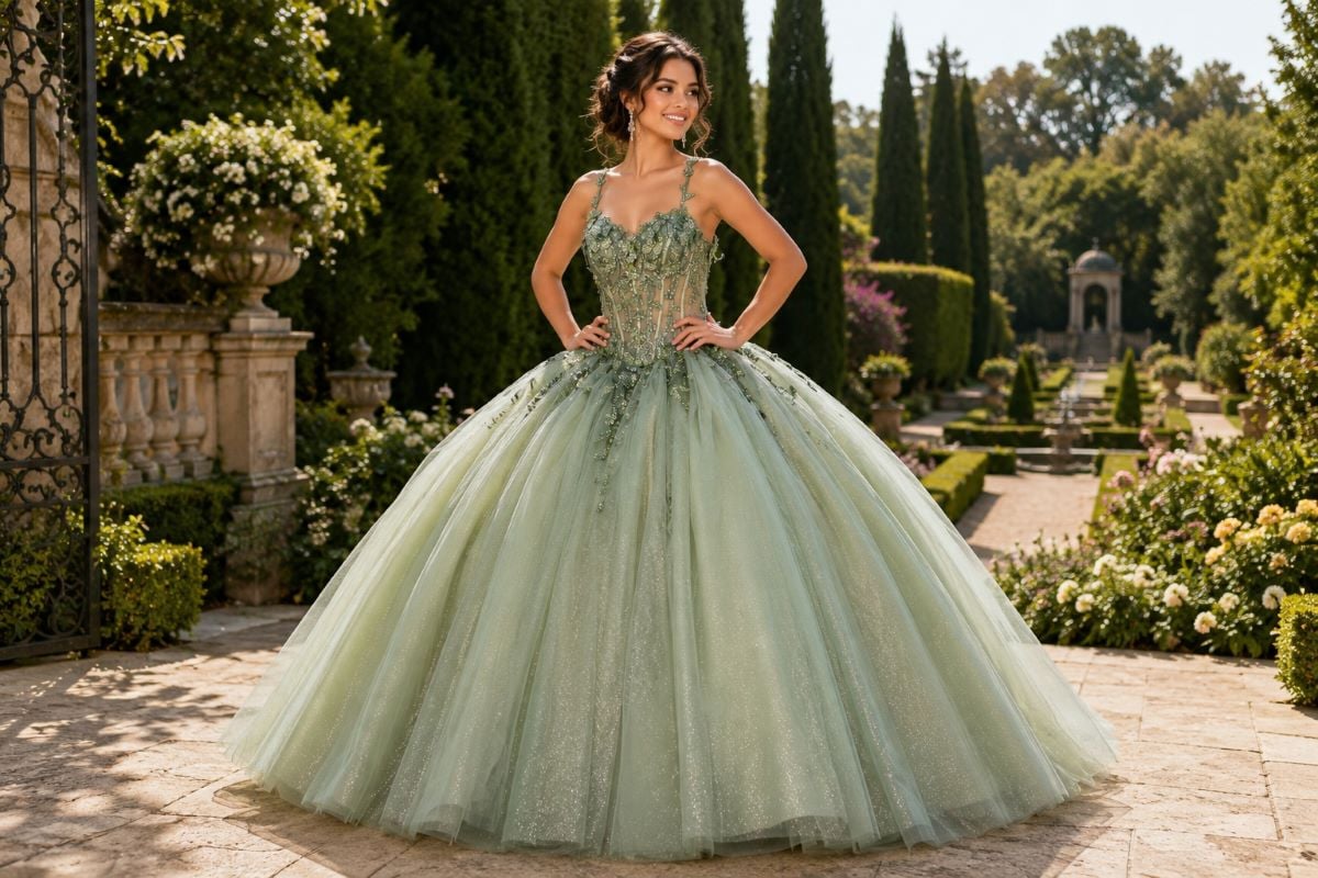 Sage green quinceañera gown with illusion corset