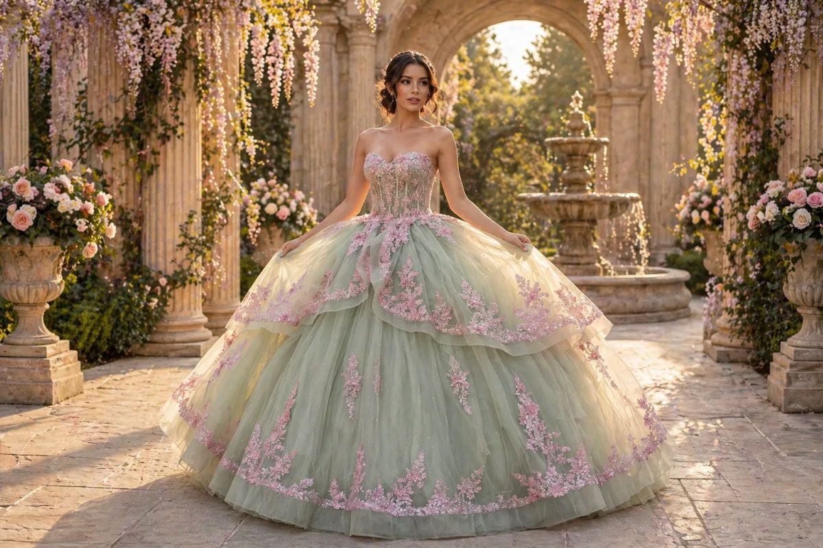 sage green quinceañera ball gown with pink floral appliqué and layered tulle skirt