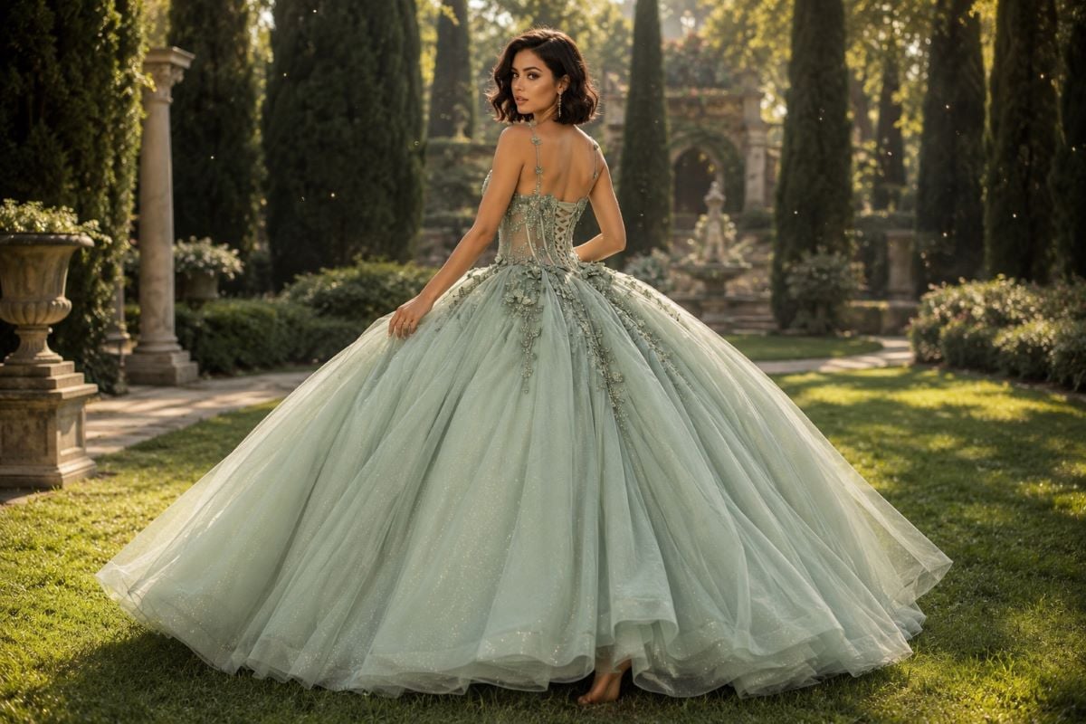Sage green quinceañera corset gown in enchanted garden