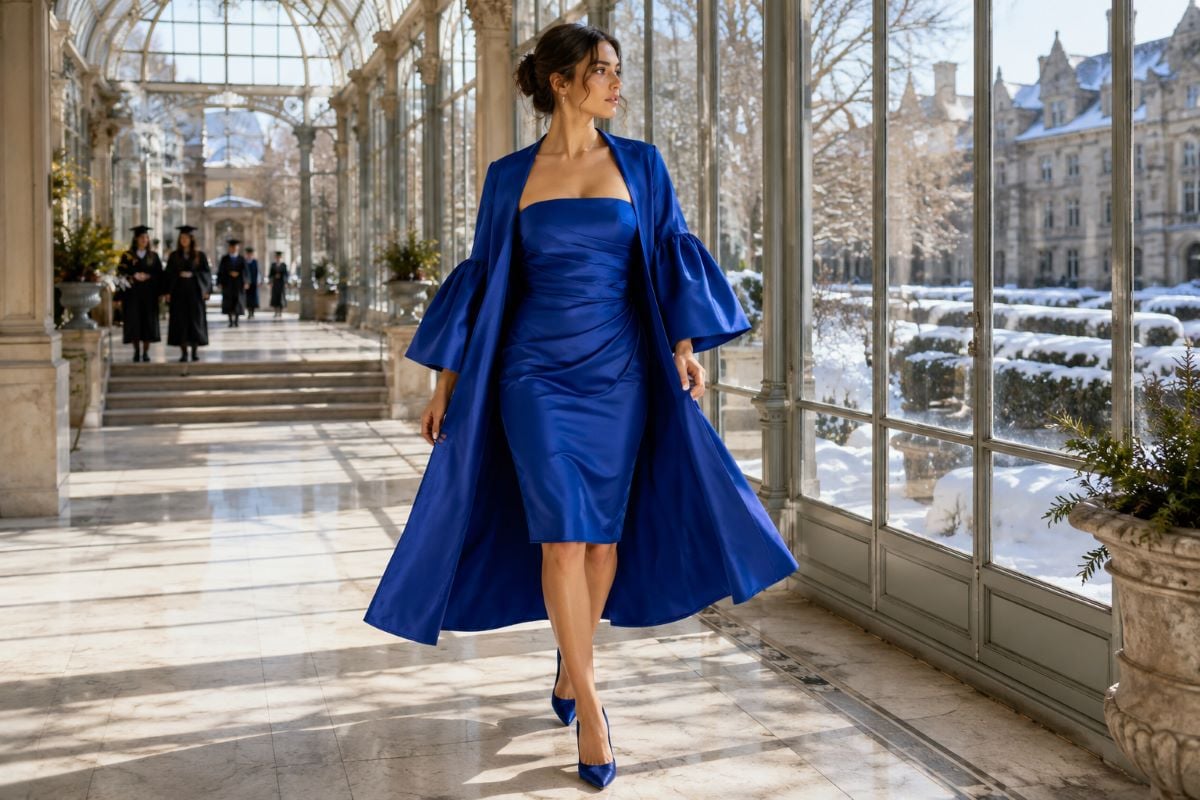 Sapphire satin winter graduation dress ensemble