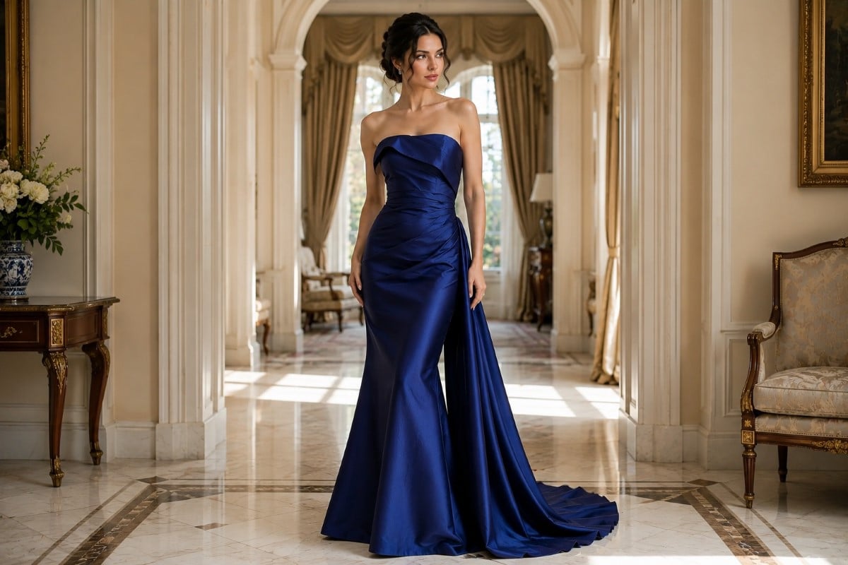 Sapphire strapless evening gown with open neckline for fair skin