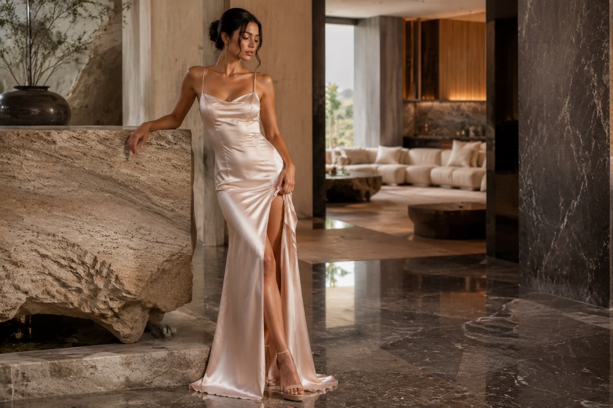 Satin cowl neck slip evening gown