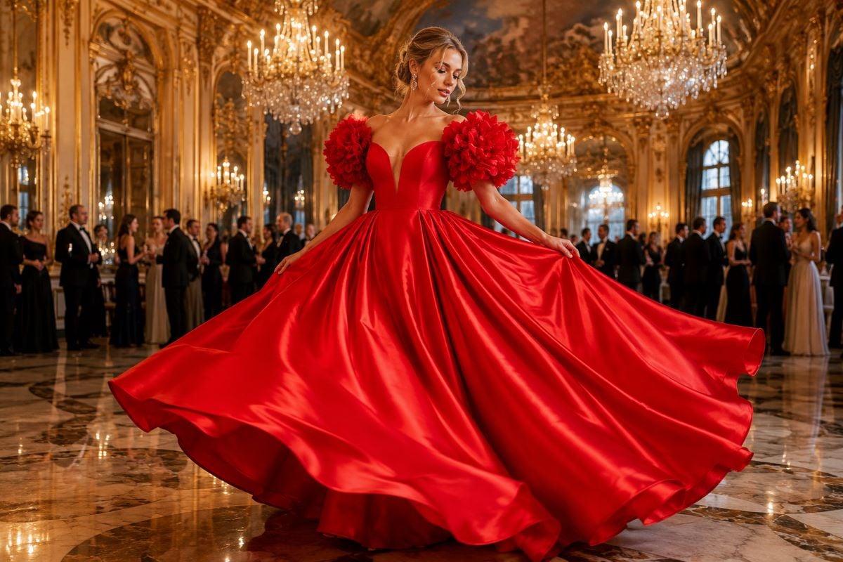 Crimson couture gown inside luxury atelier