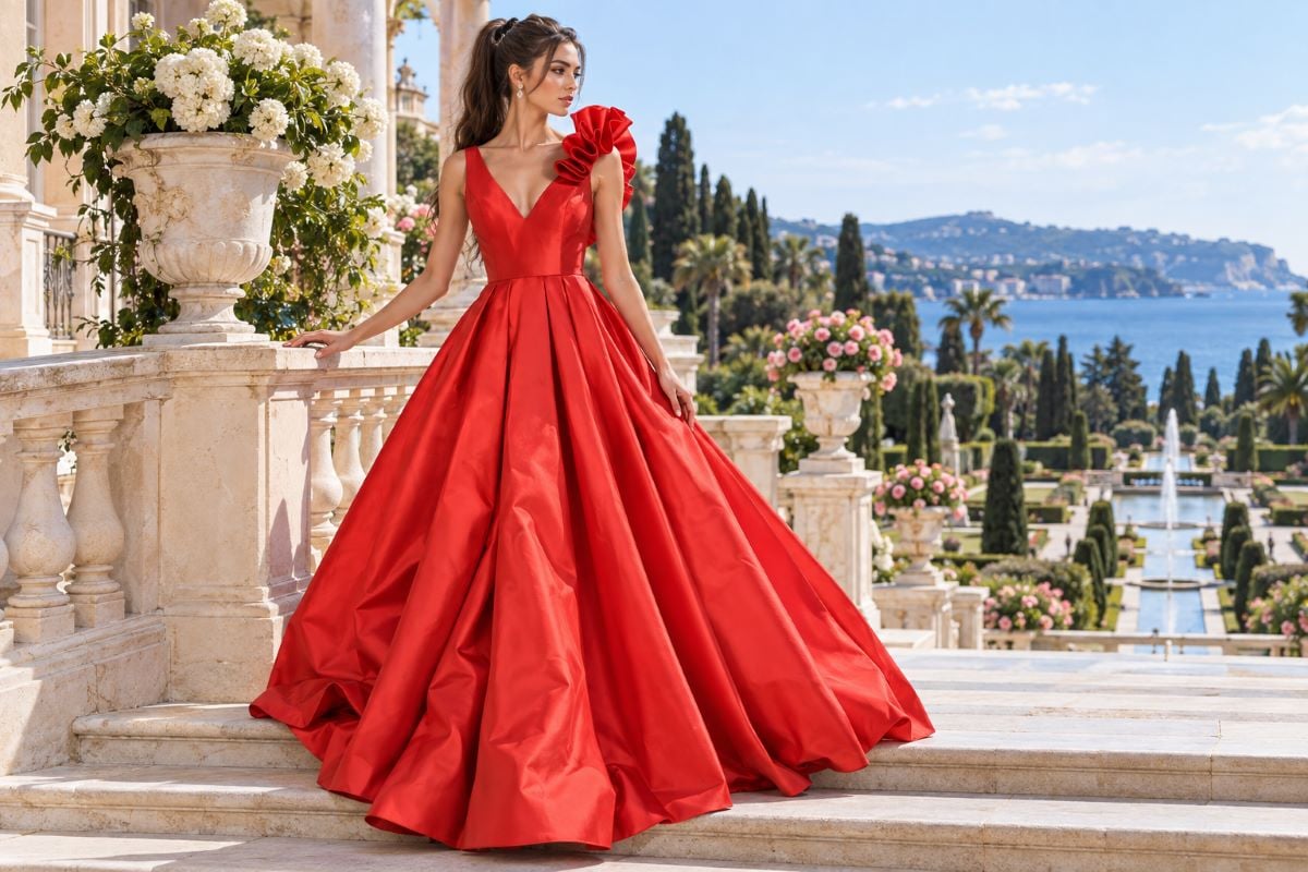Scarlet red gown for brunette women