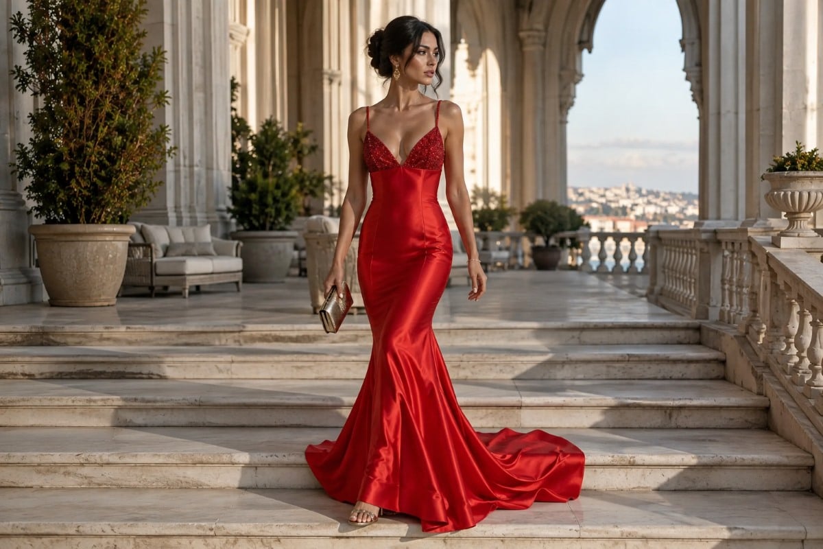 Scarlet red gown with gold accessories