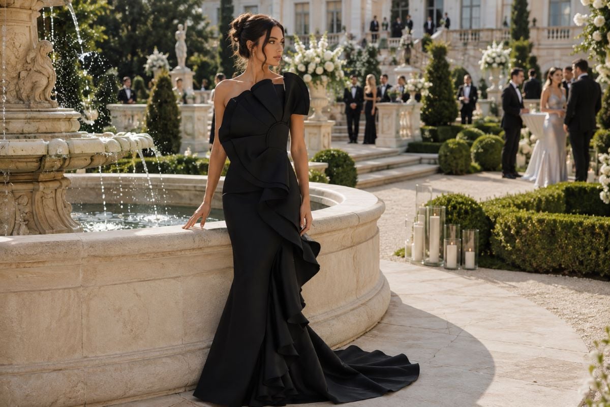 Sculptural black tie wedding guest gown