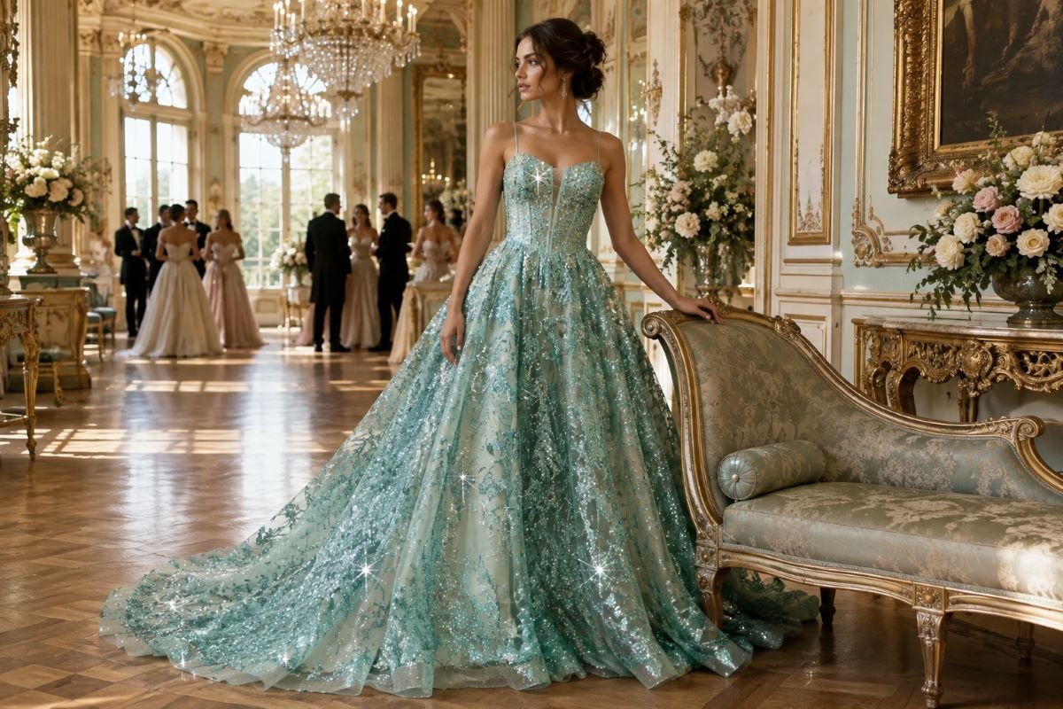 Seafoam ball gown evokes debutante prom origins