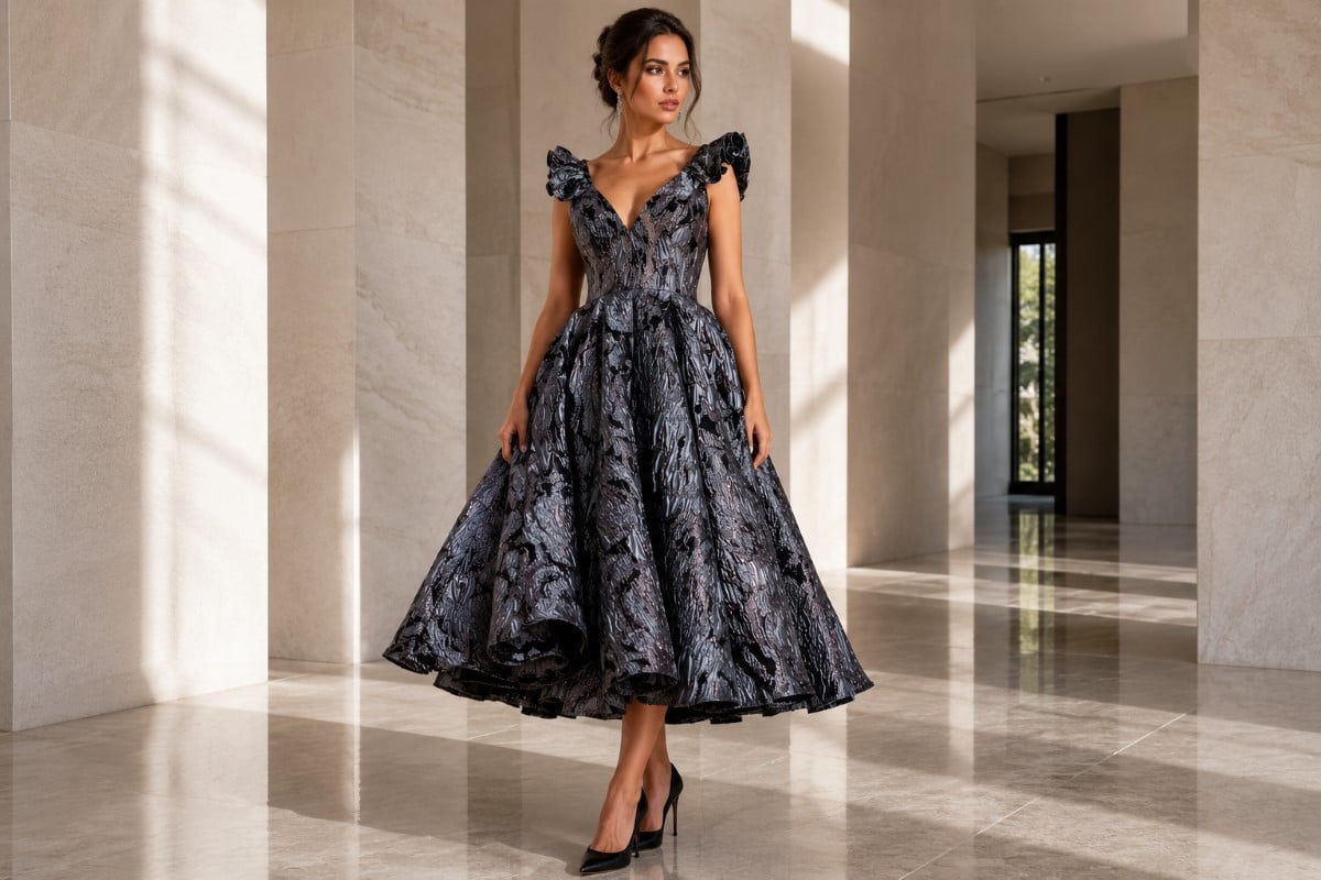 Structured metallic jacquard seasonal couture gown
