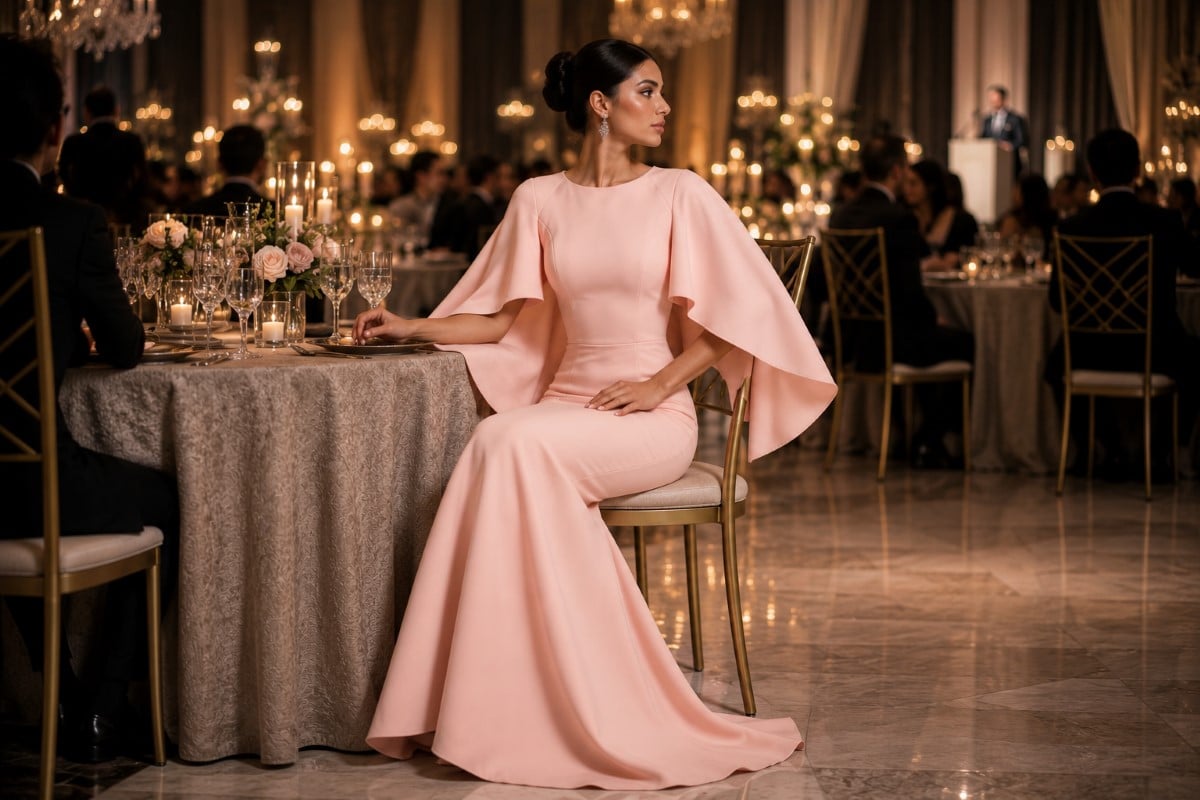 Elegant seated woman in blush mermaid gown