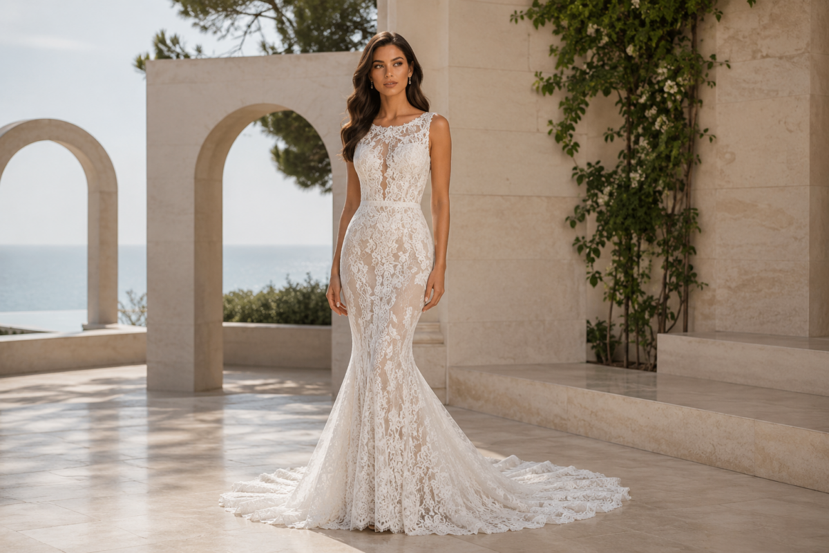 Bride in fitted sheer lace mermaid wedding gown