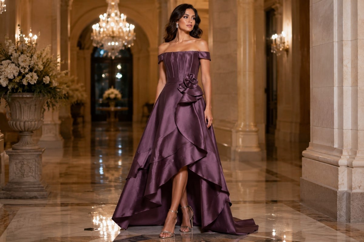 Luxury shiny satin mother of the bride gown with off shoulder neckline