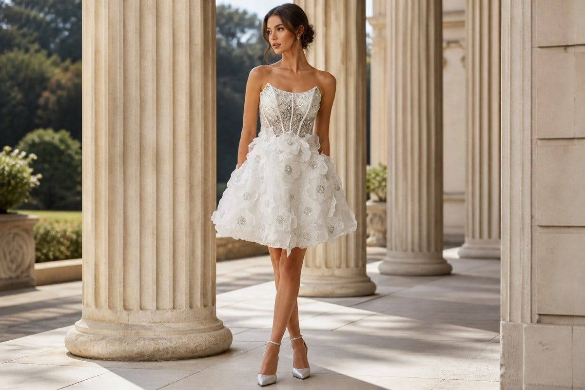 Short floral courthouse bridal dress