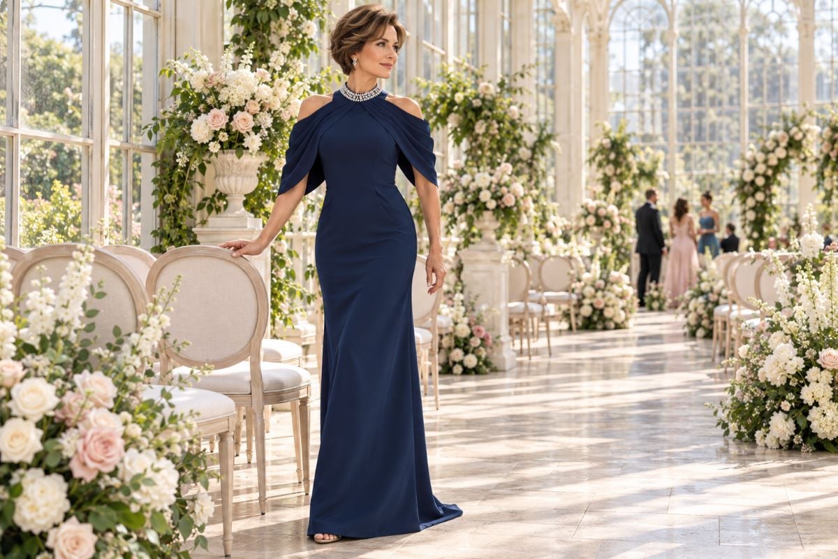 Short mother bride hairstyle navy gown