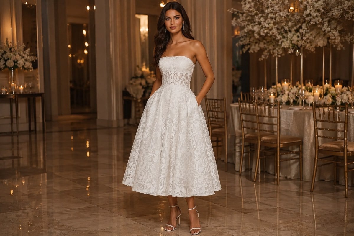 Bride in strapless tea-length dress