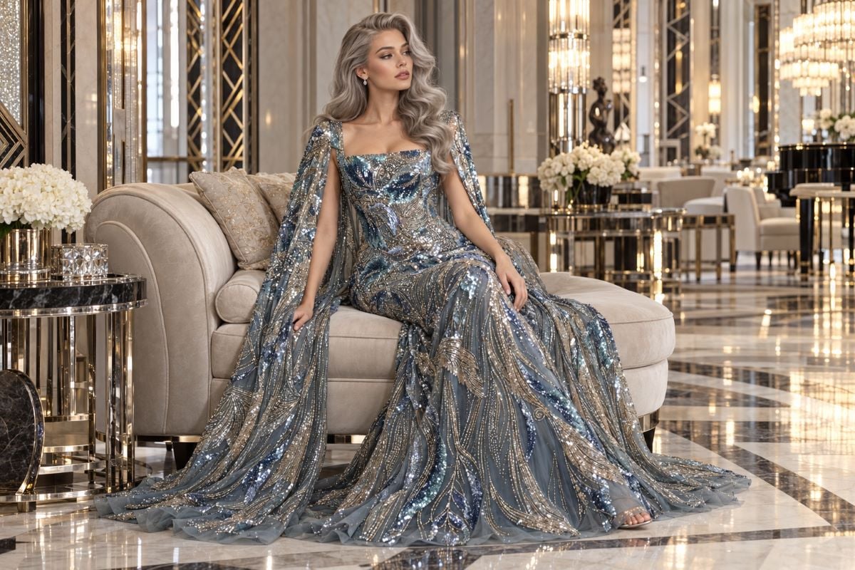 Silver embellished gown with silver hair