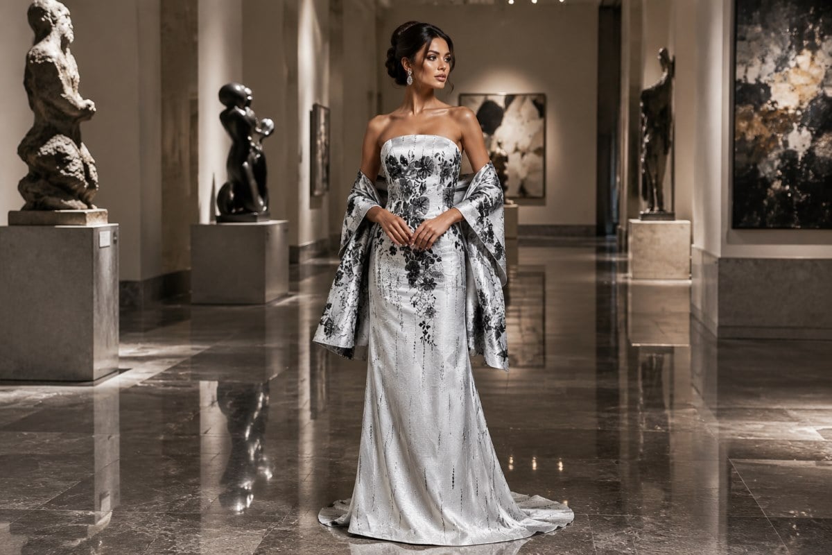 Silver floral column gown with matching shawl and sweep train