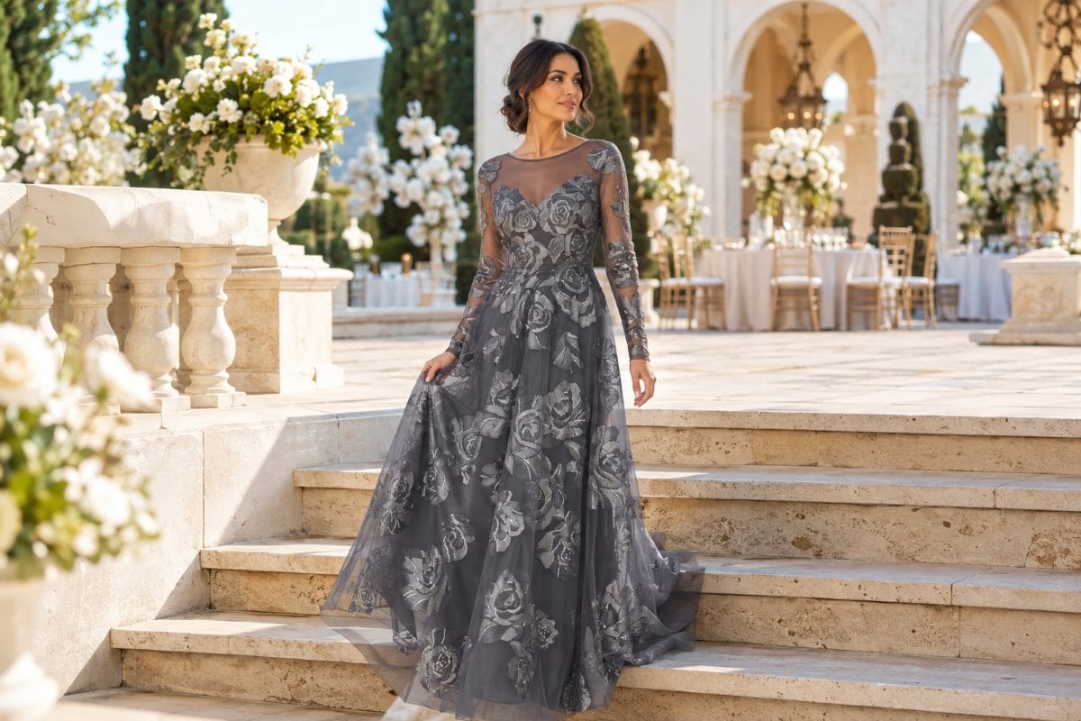 Silver floral long sleeve mother gown