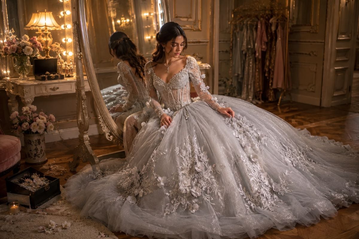 Silver gray quinceañera gown delicate couture details