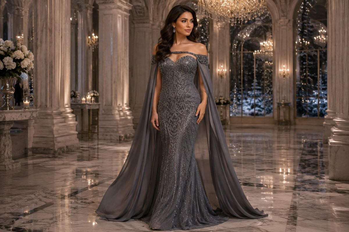 Silver grey embellished mother of the bride gown with flowing cape