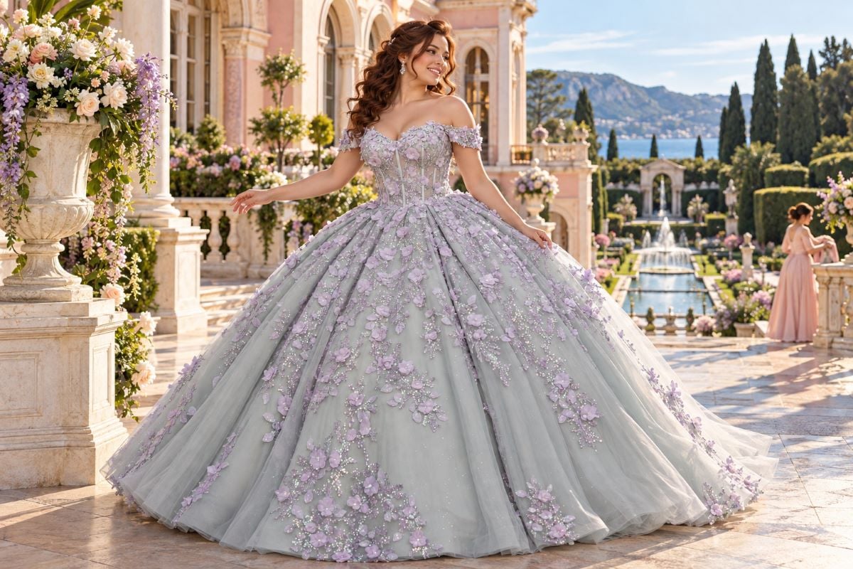 Silver lavender plus size quinceanera ball gown
