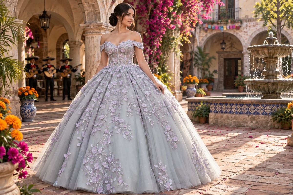 Silver lilac quinceanera gown Mexican hacienda