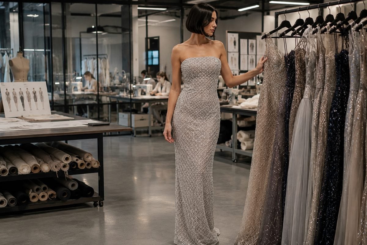 Silver geometric machine beaded column gown