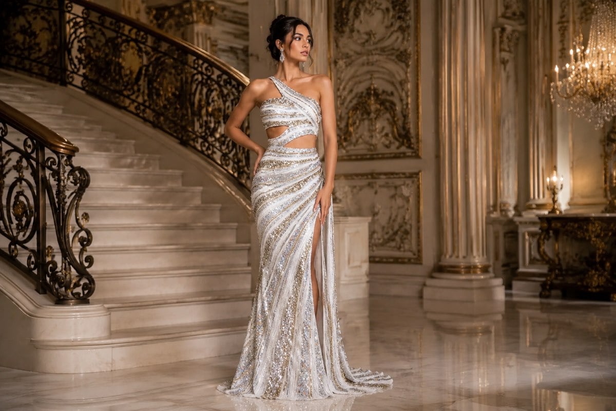 Silver one shoulder asymmetric evening gown