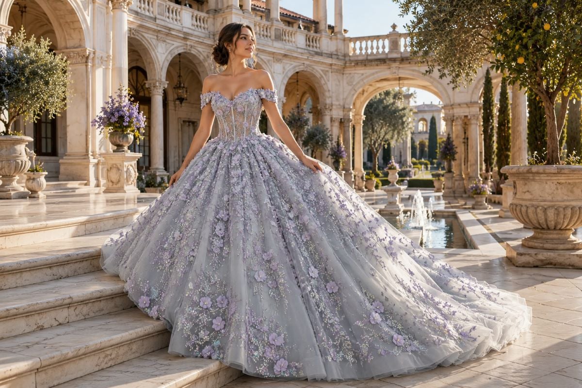 Silver quinceañera gown under directional light