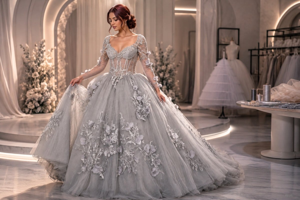 Silver quinceanera gown with dramatic volume