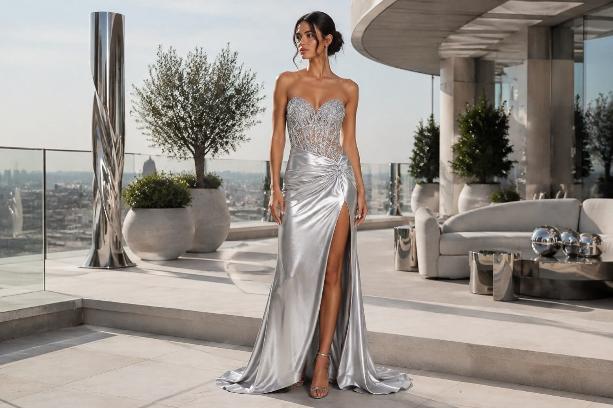 Silver satin crystal gown editorial look