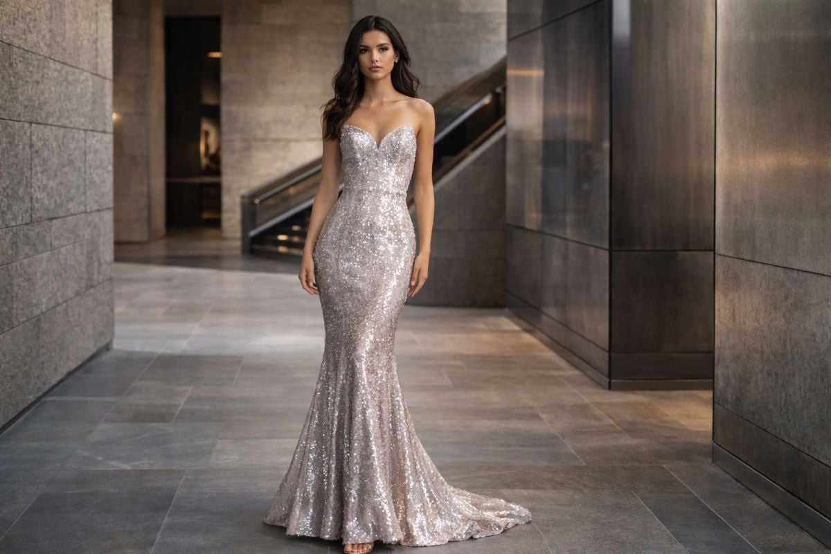 silver sequin mermaid prom dress full length