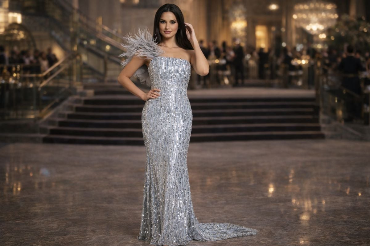 Silver sequin strapless evening gown