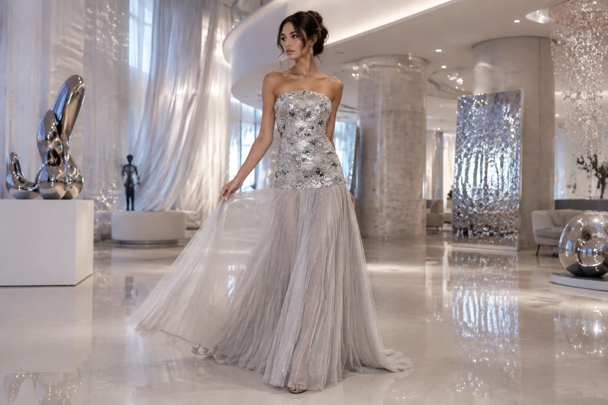 Silver sequin tulle prom gown editorial