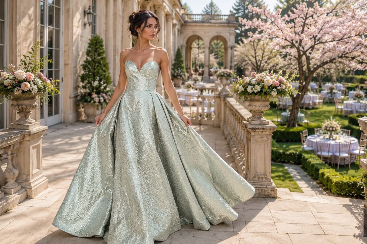Silvery sage spring wedding guest gown