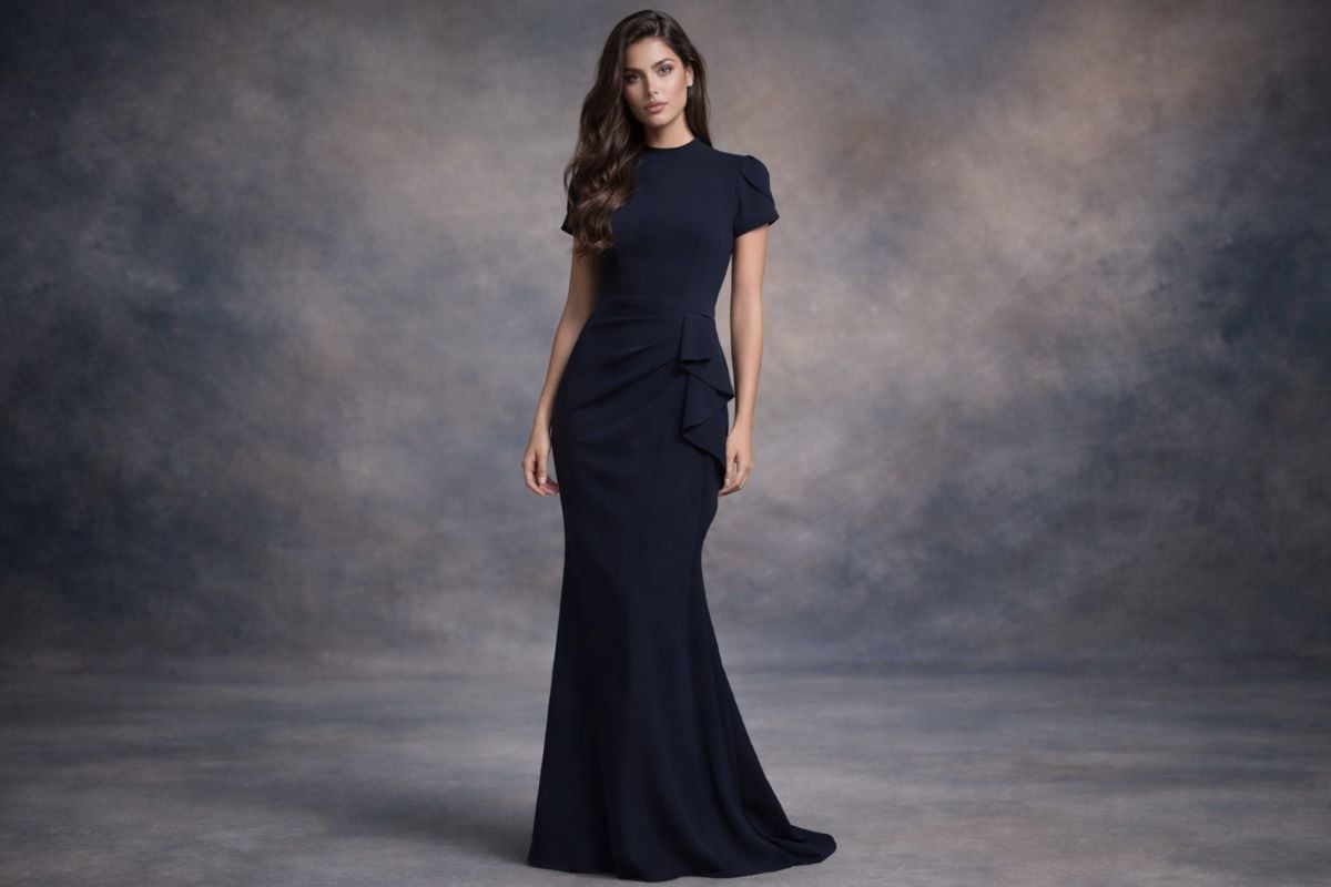 Minimal fitted evening dress with sculptural drape