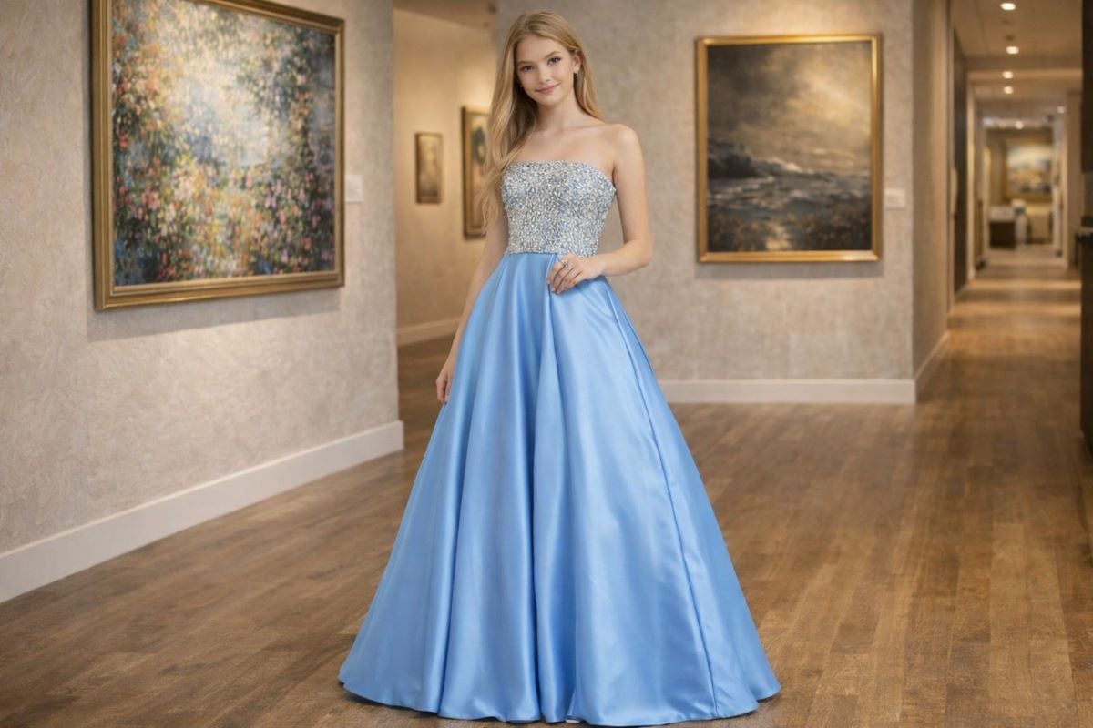 Sky blue strapless satin ball gown
