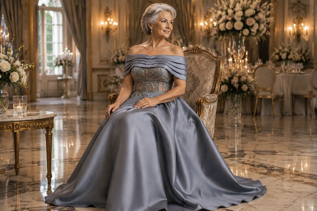 Slate blue grandmother ball gown editorial look
