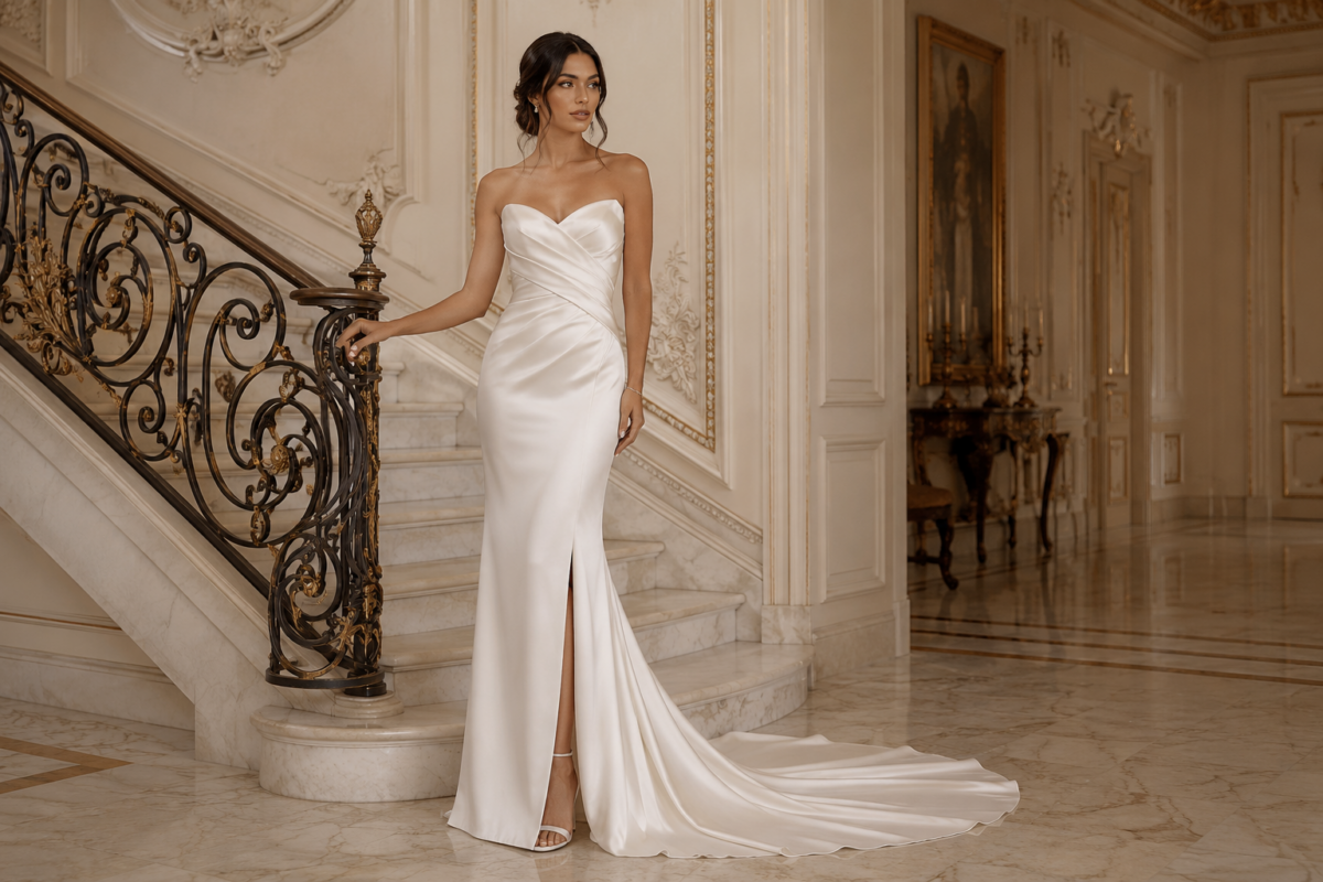 Bride in sleek satin column wedding gown with draped bodice