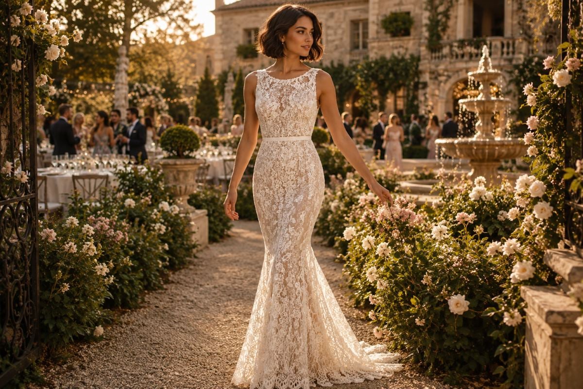 Sleeveless lace wedding guest dress outdoors