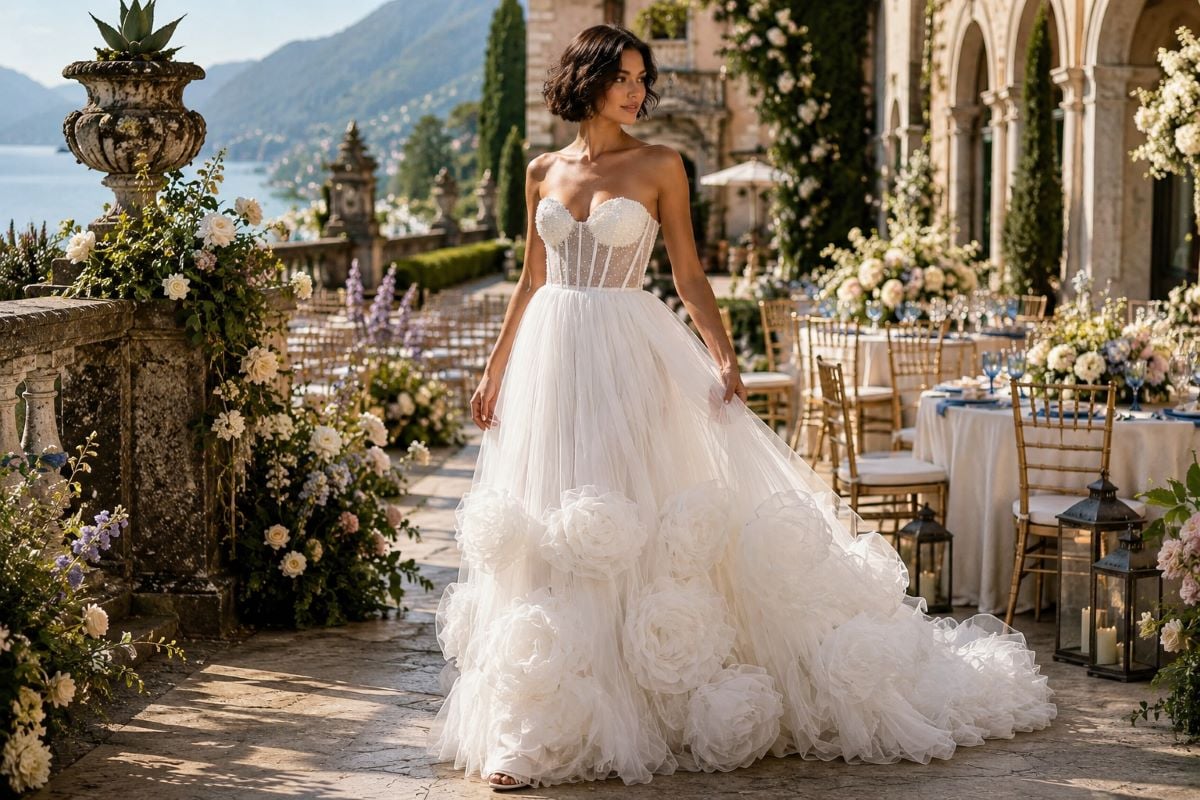 Elegant sleeveless wedding guest gown style
