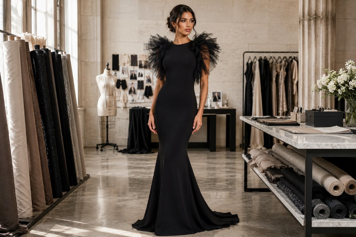 Black crepe mermaid gown with smooth fabric contour