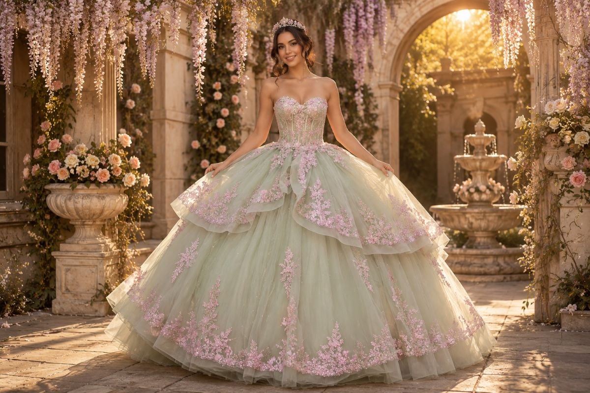 Layered quinceañera gown with soft tulle volume