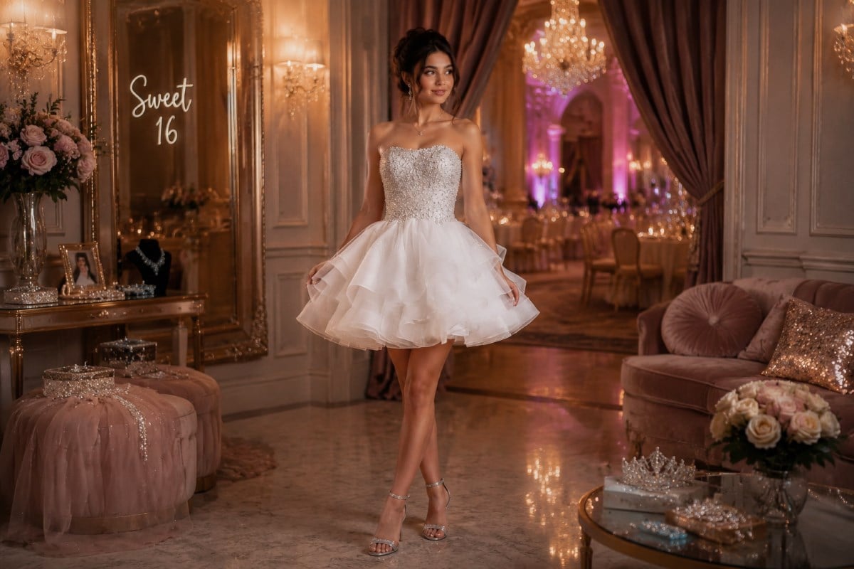 Sparkling Sweet 16 mini ball gown editorial