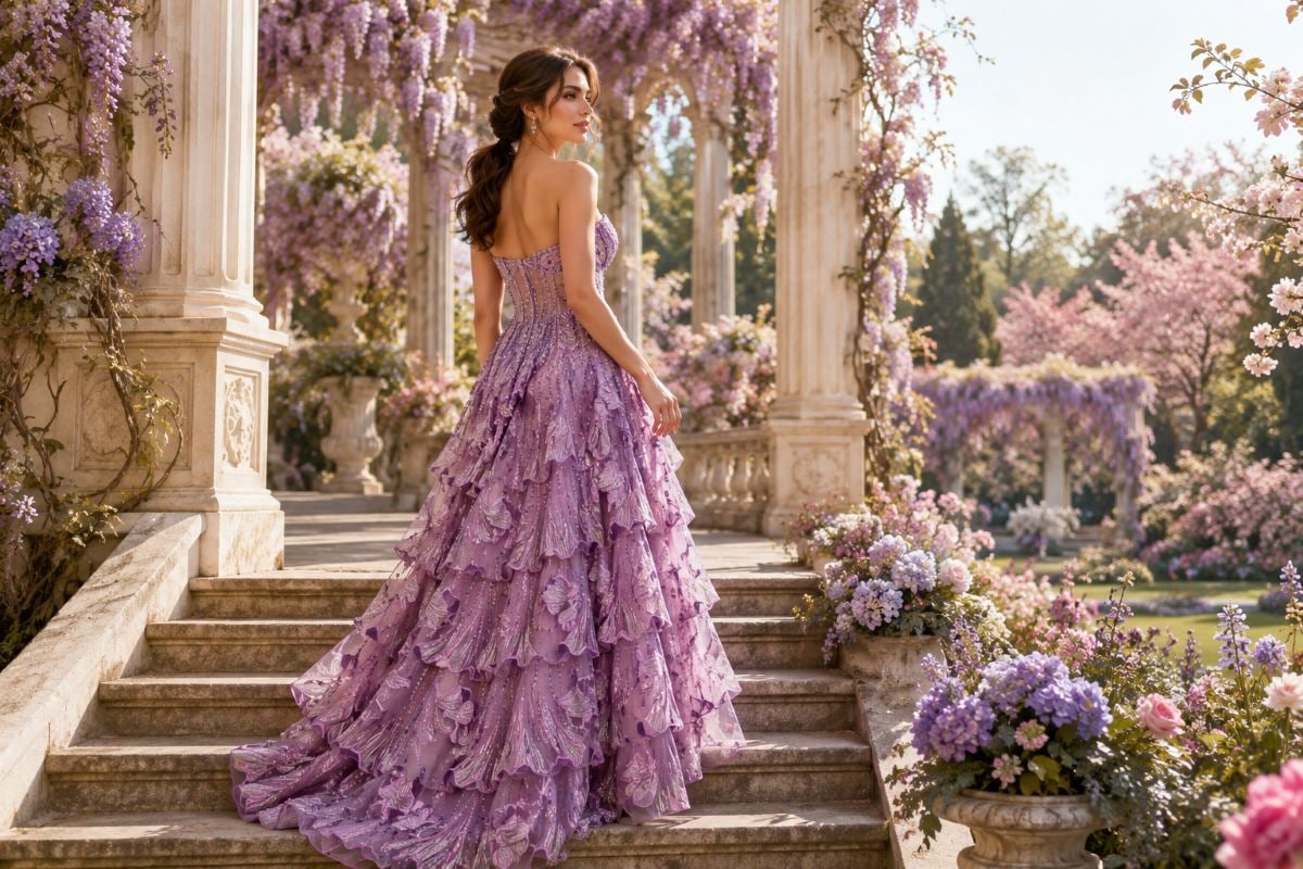 Lavender mother of the bride gown in spring blossom garden