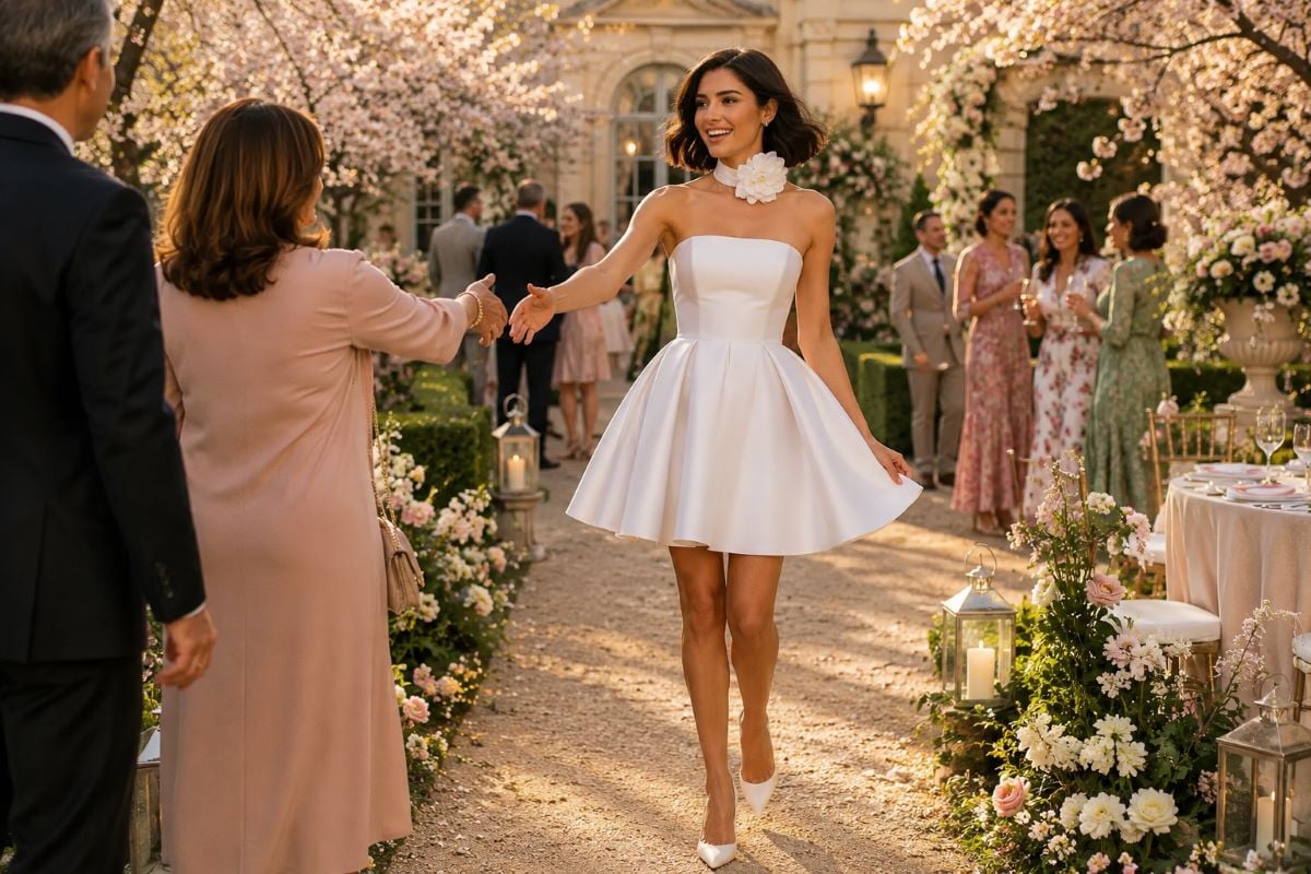 Bride-to-be in a white floral choker mini dress at a spring engagement party