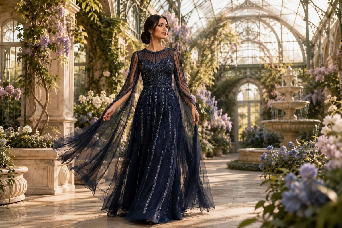 Navy beaded mother of the bride gown in spring conservatory