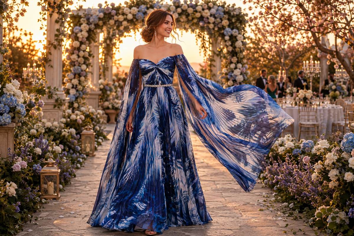 Blue floral mother of the bride gown at spring garden wedding