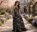 Mother of the bride floral black silver gown in spring garden